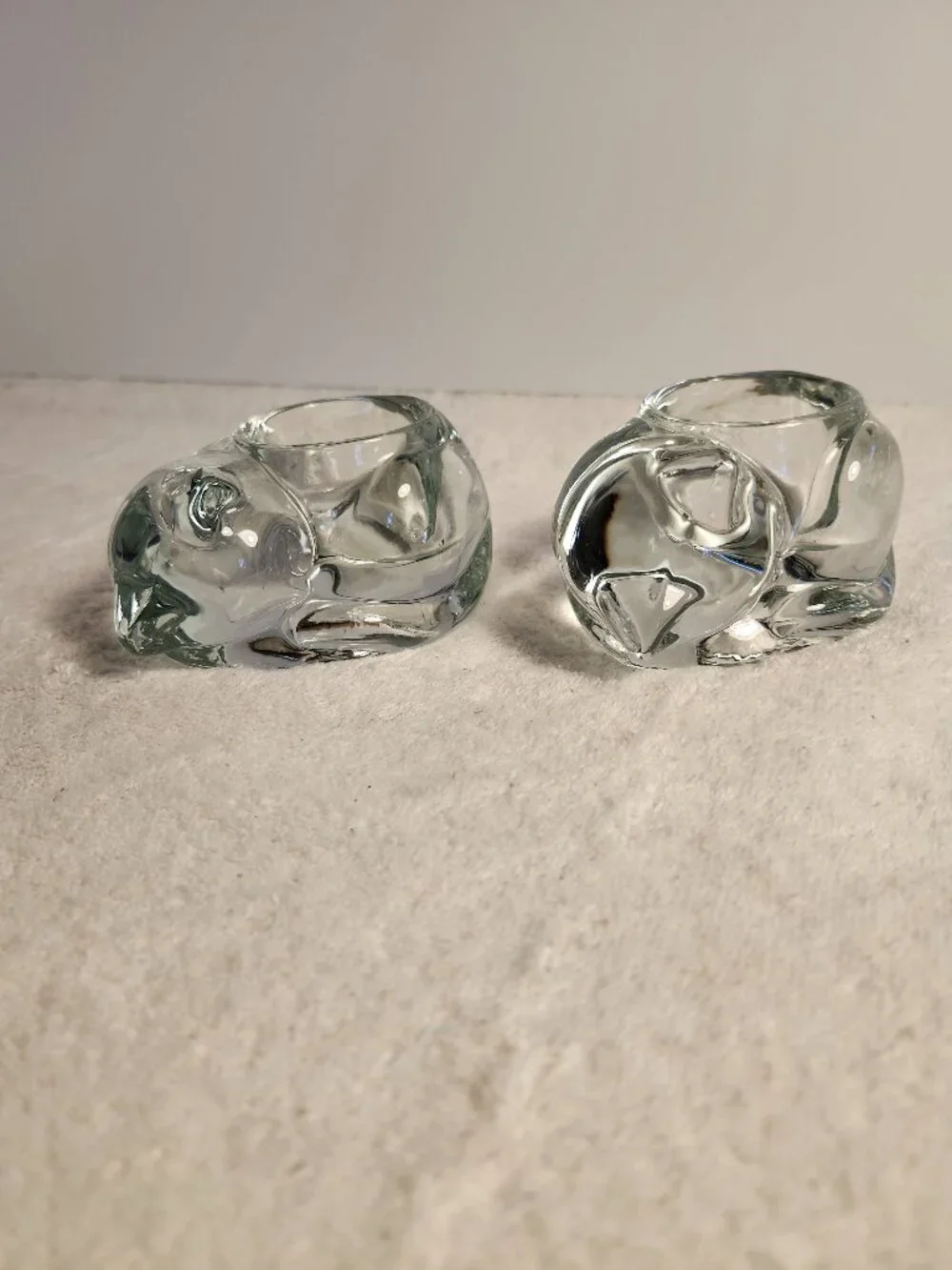 VINTAGE INDIANA GLASS CLEAR CRYSTAL SLEEPING CAT VOTIVE TEA LIGHT CANDLE HOLDERS